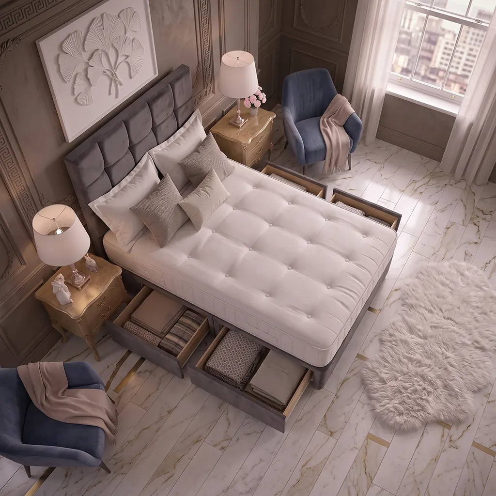 Grey 4FT6 Double Divan Bed with 4 Drawers, Cubic Headboard & Memory Foam Mattress