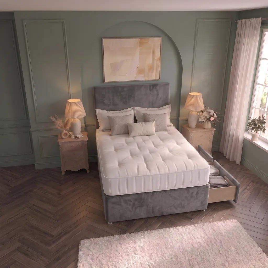 grey 4FT6 Upholstered Divan Bed with Plain Headboard & 2 Drawers
