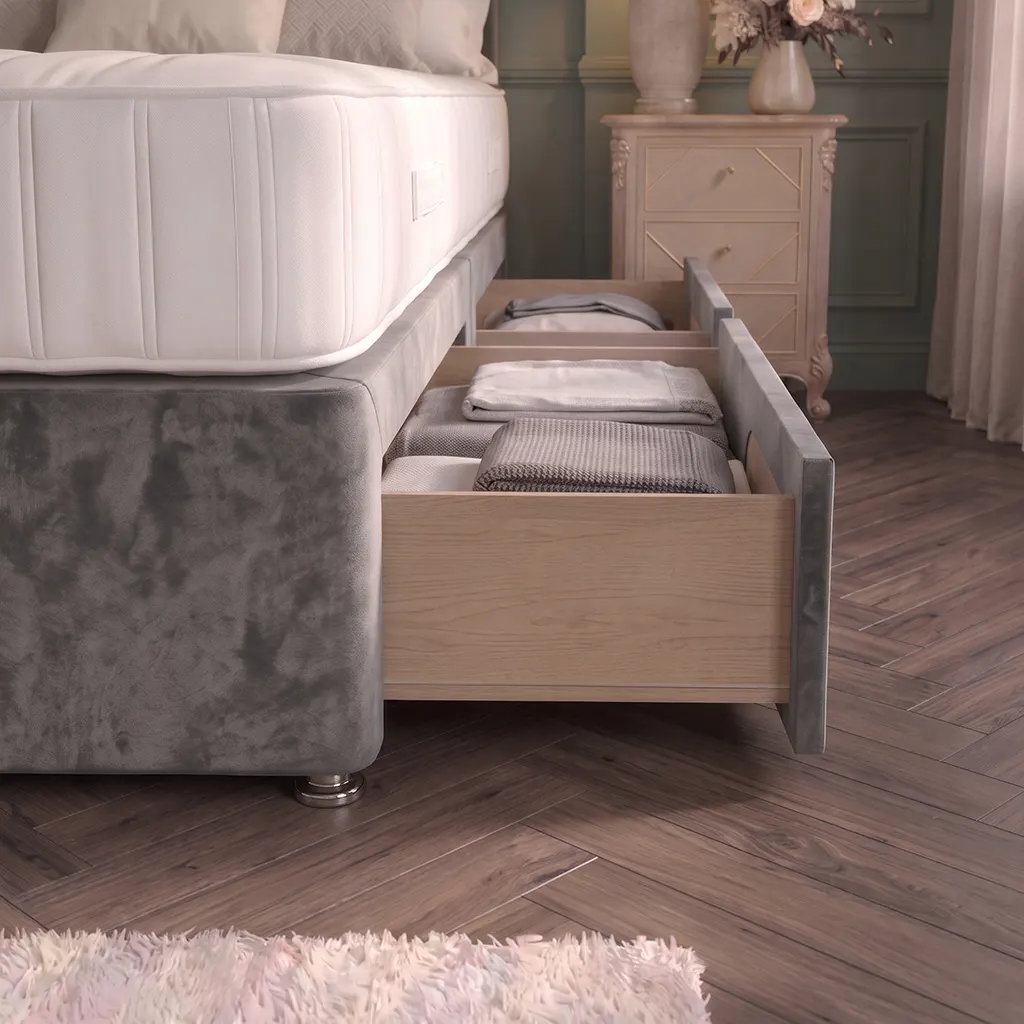 grey 4FT6 Upholstered Divan Bed with Plain Headboard & 2 Drawers