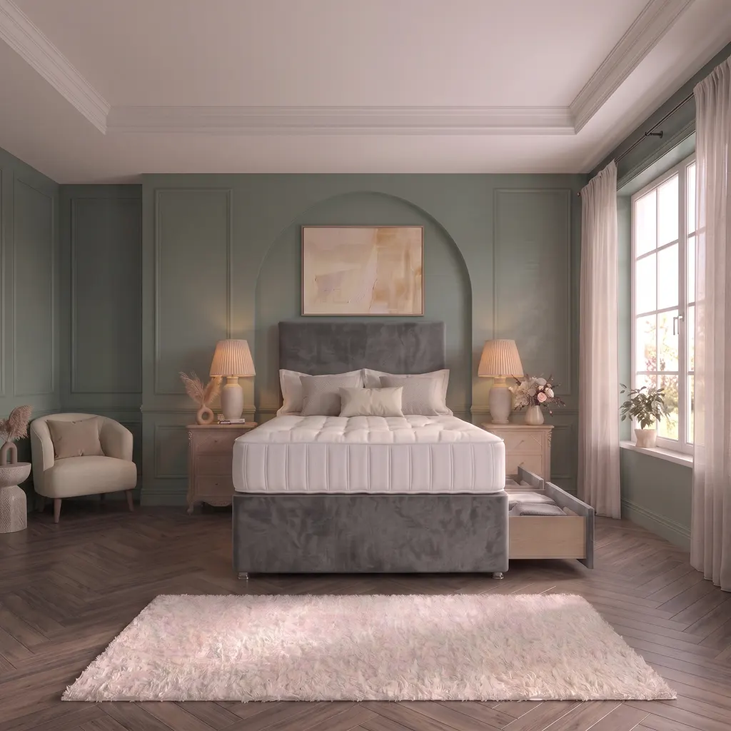 grey 4FT6 Upholstered Divan Bed with Plain Headboard & 2 Drawers