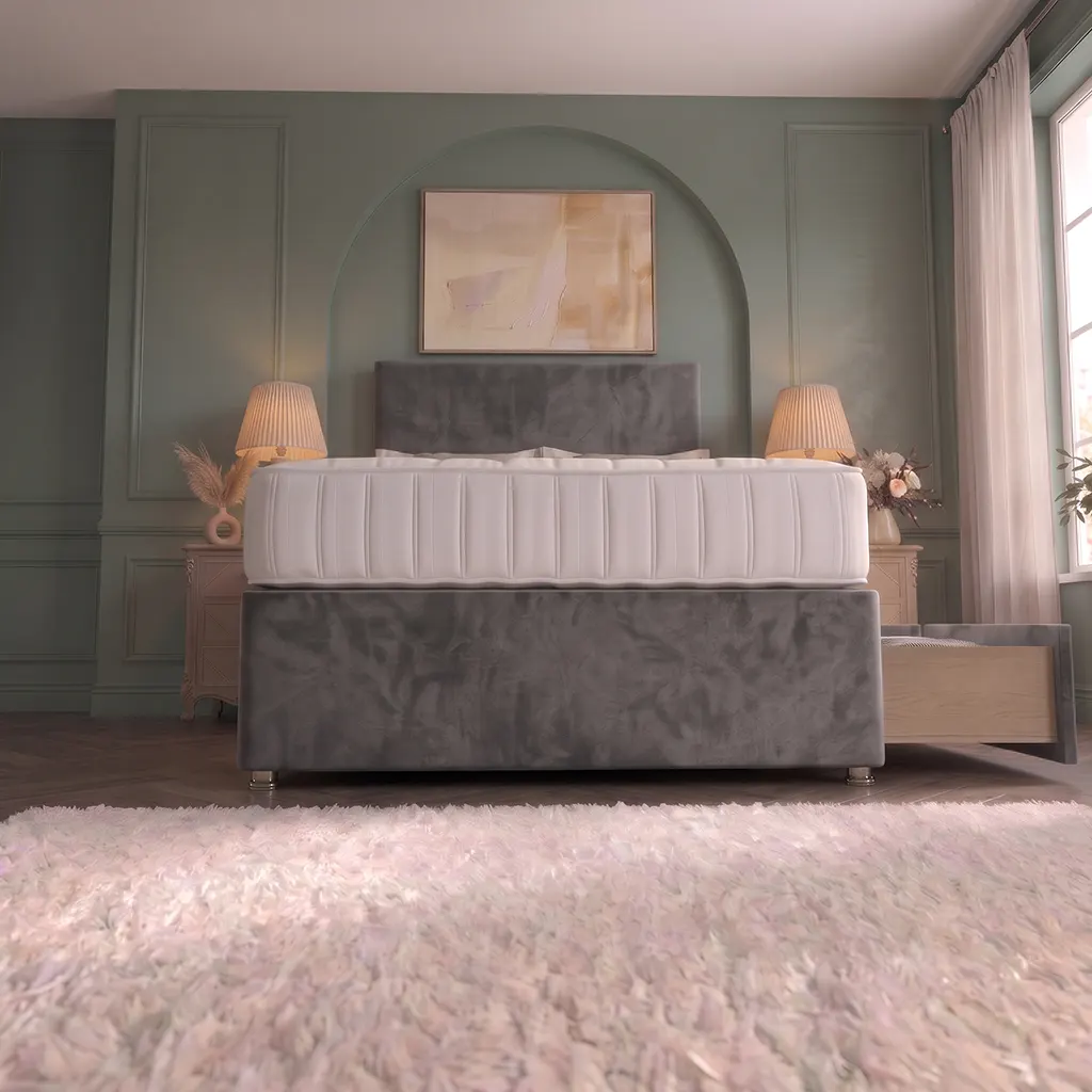 grey 4FT6 Upholstered Divan Bed with Plain Headboard & 2 Drawers