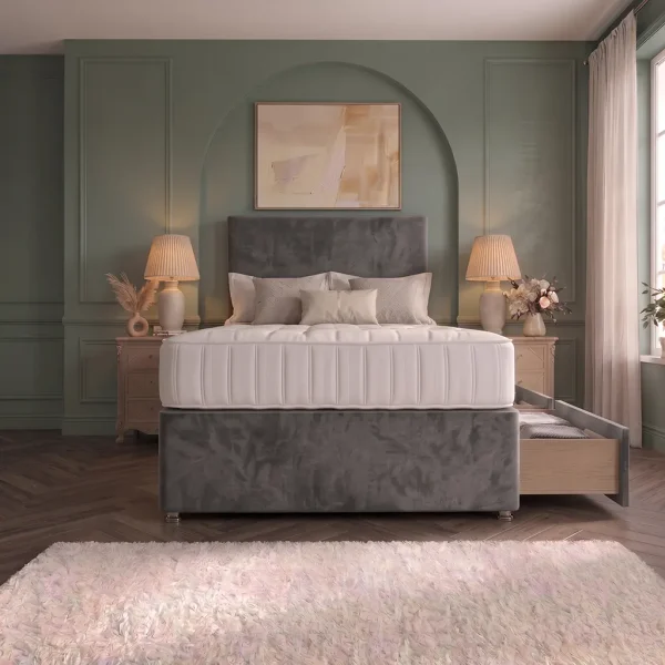 grey 4FT6 Upholstered Divan Bed with Plain Headboard & 2 Drawers