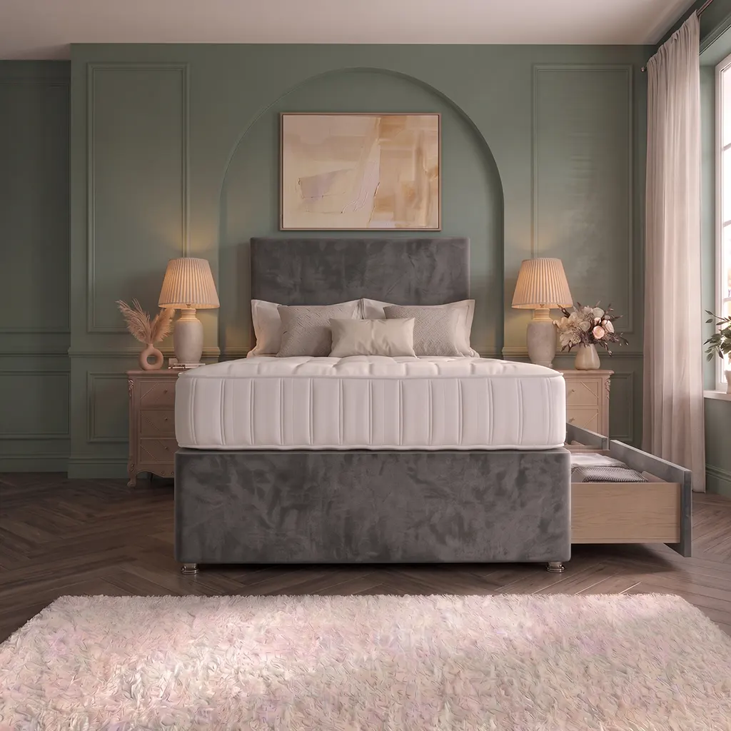grey 4FT6 Upholstered Divan Bed with Plain Headboard & 2 Drawers